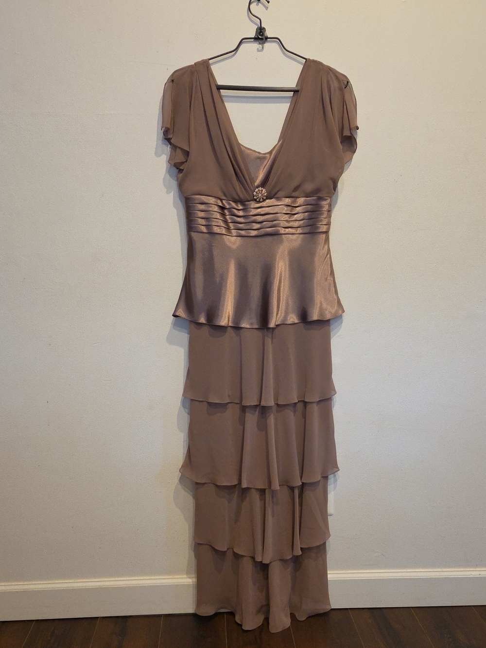 Patra Taupe Layered Chiffon and Satin Maxi Dress